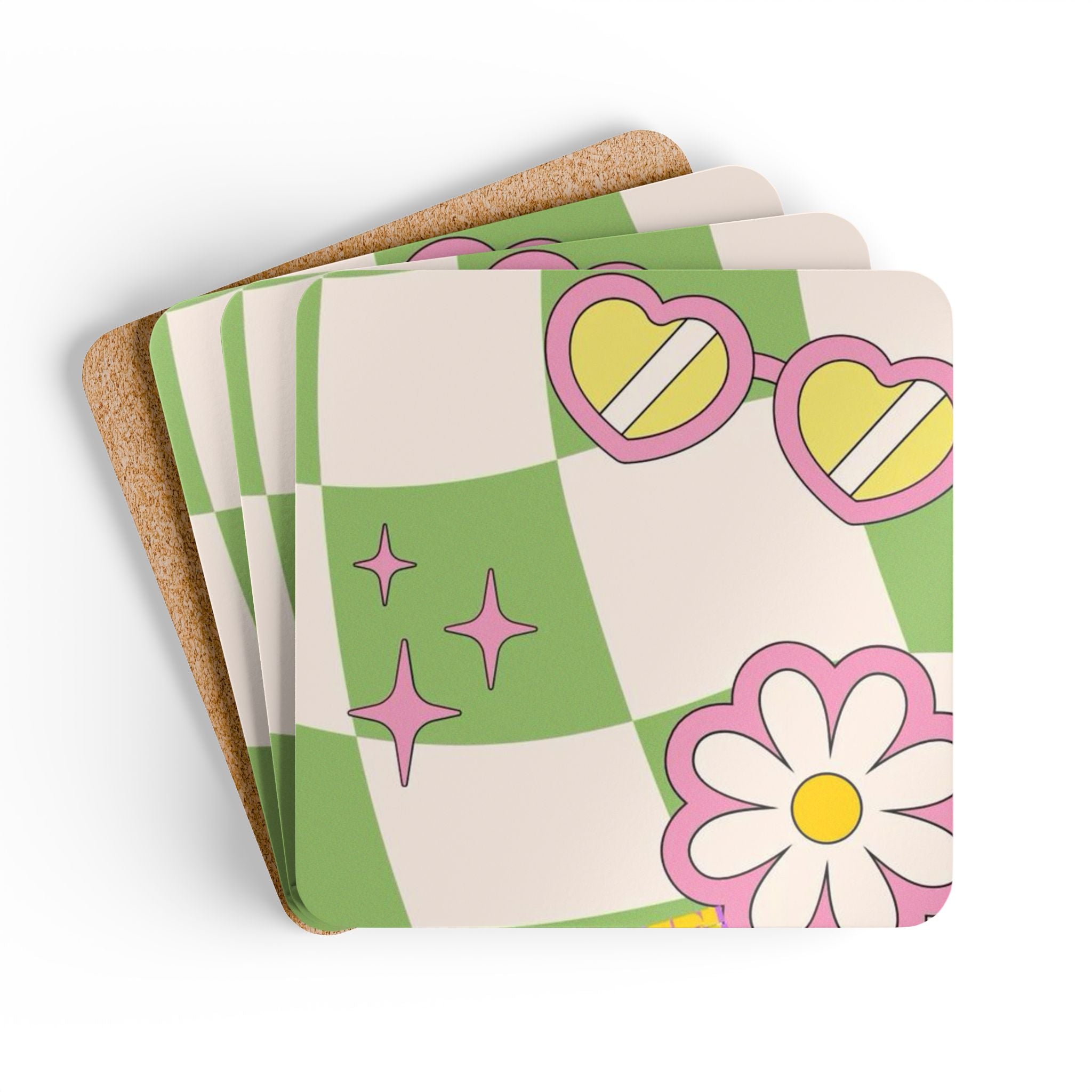 Retro Daisy Checker Cork Coaster Set